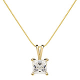 14K Solid Yellow Gold Pendant Necklace | Princess Cut Cubic Zirconia Solitaire | 1 Carat | 18 Inch Box Link Chain