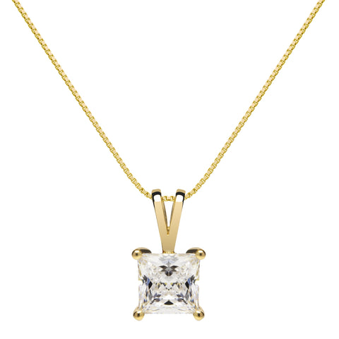 14K Solid Yellow Gold Pendant Necklace | Princess Cut Cubic Zirconia Solitaire | 1 Carat | 18 Inch Box Link Chain