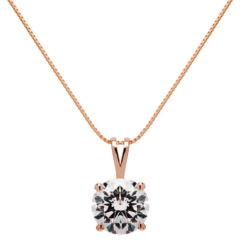 14K Solid Rose Gold Pendant Necklace | Round Cut Cubic Zirconia Solitaire | 2.0 Carat | 18 Inch .60mm Box Link Chain