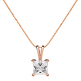 14K Solid Rose Gold Pendant Necklace | Princess Cut Cubic Zirconia Solitaire | 1 Carat | 18 Inch Box Link Chain