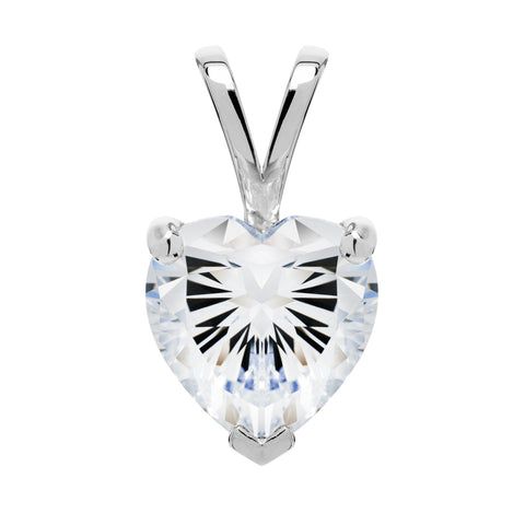 14K Solid White Gold Pendant Only | Heart Cut Cubic Zirconia Solitaire | 2.0 Carat