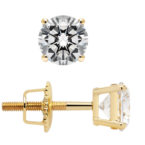 14K Solid Yellow Gold Stud Earrings | Round Cut Cubic Zirconia | Screw Back Posts | 1.50 CTW