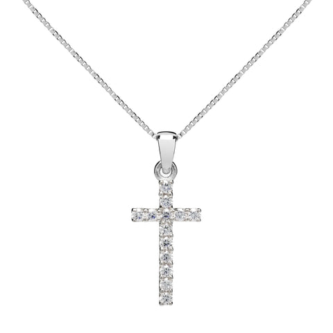 14K Solid White Gold Cross | Pave Round Cut Cubic Zirconia Pendant Necklace | 15mm Long .30 CTW | 16 Inch .60mm Box Link Chain | With Gift Box