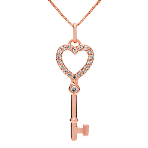 14K Solid Rose Gold Key to my Heart Pendant | Pave Round Cut Cubic Zirconia Pendant| .20 CTW | 18 Inch Box Link Chain | With Gift Box