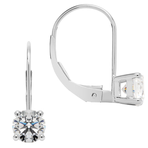 14K Solid White Gold Earrings | Round Cut Cubic Zirconia | Leverback Drop Dangle Basket Setting | .92 CTW
