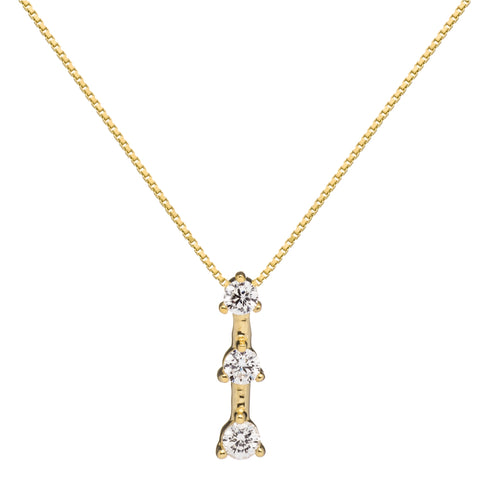 14K Solid Yellow Gold Pendant Necklace | Round Cut Cubic Zirconia 3-Stone "Trilogy" | .22 CTW, Diamond Equivalent | 16 Inch Box Link Chain
