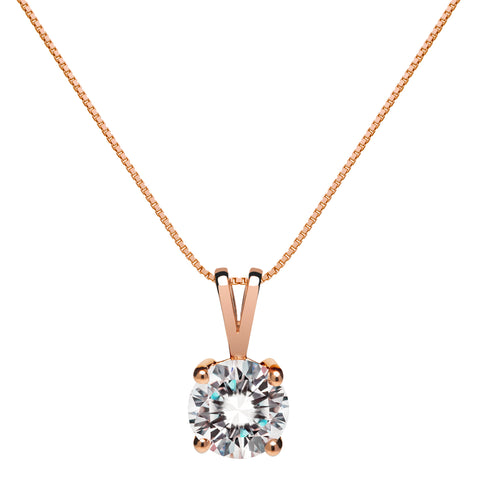 14K Solid Rose Gold Pendant Necklace | Round Cut Cubic Zirconia Solitaire | 1.0 Carat | 16 Inch .60mm Box Link Chain