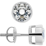 14K Solid White Gold | Round Cut Cubic Zirconia Stud Earrings | 2.0 CTW Bezel Set | Screw Back Posts