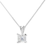 14K Solid White Gold Pendant Necklace | Princess Cut Cubic Zirconia Solitaire | 1 Carat | 18 Inch Box Link Chain