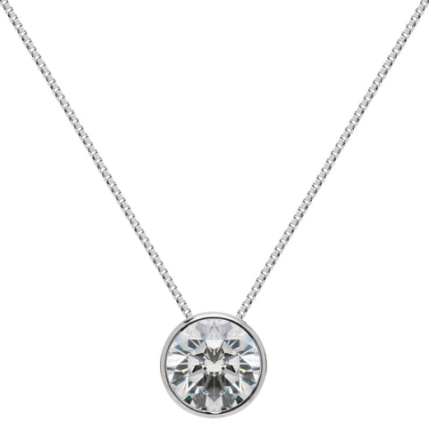 14K Solid White Gold Pendant Necklace | Bezel Set Round Cut Cubic Zirconia Solitaire | 1.5 Carat | 16 Inch .60mm Box Link Chain