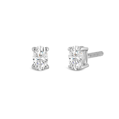 14K Solid White Gold Solitaire Stud Earrings | Oval Cut Cubic Zirconia | Screw Back Posts | 0.5 CTW | With Gift Box