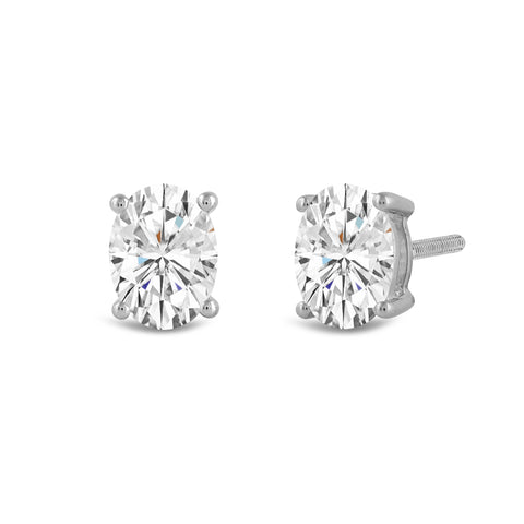 14K Solid White Gold Solitaire Stud Earrings | Oval Cut Cubic Zirconia | Screw Back Posts | 3.0 CTW | With Gift Box