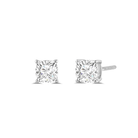 14K Solid White Gold Solitaire Stud Earrings | Cushion Cut Cubic Zirconia | Screw Back Posts | 1.0 CTW | With Gift Box
