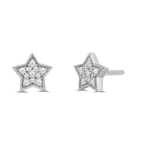 Everyday Elegance 14K Solid White Gold Star Shape Pave Stud Earrings | Round Cut Cubic Zirconia| Screw Back Posts | With Gift Box