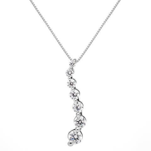 14K Solid White Gold Pendant Necklace | Round Cut Cubic Zirconia "Journey" 7-Stone | .48 CTW | 18 Inch Box Link Chain