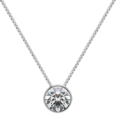 14K Solid White Gold Pendant Necklace | Bezel Set Round Cut Cubic Zirconia Solitaire | 1.5 Carat | 18 Inch 1.0mm Box Link Chain