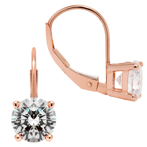 14K Solid Rose Gold Earrings | Round Cut Cubic Zirconia | Leverback Drop Dangle Basket Setting | 2.0 CTW