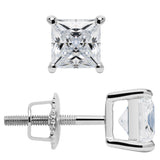 14K Solid White Gold Stud Earrings | Princess Cut Cubic Zirconia | Screw Back Posts | 1.0 CTW