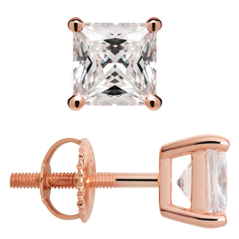 14K Solid Rose Gold Stud Earrings | Princess Cut Cubic Zirconia | Screw Back Posts | 2.0 CTW