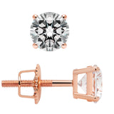 14K Solid Rose Gold Stud Earrings | Round Cut Cubic Zirconia | Screw Back Posts | 1.50 CTW
