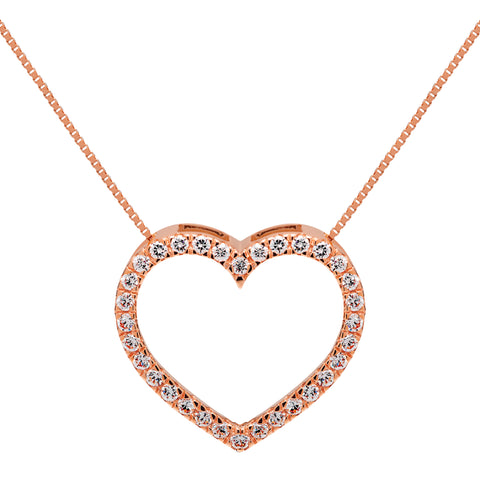 14K Solid Rose Gold Open Heart Pendant | Pave Round Cut Cubic Zirconia Necklace| .35 CTW | 16 Inch Box Link Chain | With Gift Box