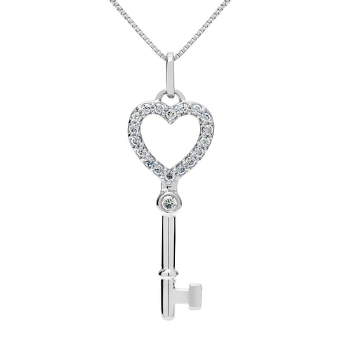 14K Solid White Gold Key to my Heart Pendant | Pave Round Cut Cubic Zirconia Pendant| .20 CTW | 16 Inch Box Link Chain | With Gift Box