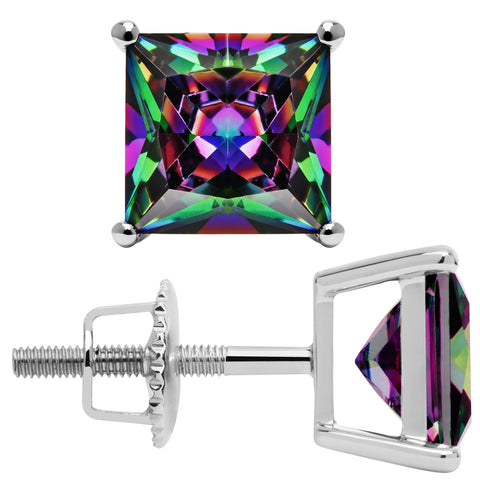 14K Solid White Gold Princess Cut Rainbow Mystic Cubic Zirconia Stud Earrings | 4.0 CTW | Screw Back Posts