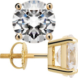 14K Solid Yellow Gold Stud Earrings | Round Cut Cubic Zirconia | Screw Back Posts | 4.0 CTW