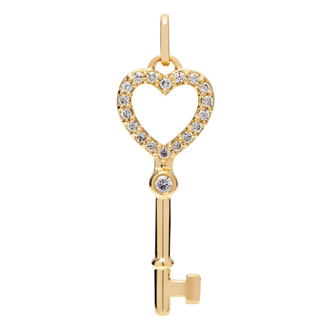 14K Solid Yellow Gold Key to my Heart Pendant | Pave Round Cut Cubic Zirconia Pendant | .20 CTW | Pendant Only | With Gift Box