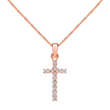 14K Solid Rose Gold Cross | Pave Round Cut Cubic Zirconia Pendant Necklace | 15mm Long .30 CTW | 18 Inch .60mm Box Link Chain | With Gift Box