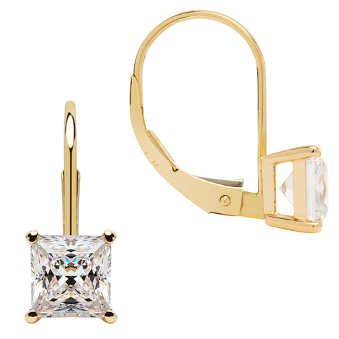 14K Solid Yellow Gold Earrings | Princess Cut Cubic Zirconia | Leverback Drop Dangle Basket Setting | 2.0 CTW