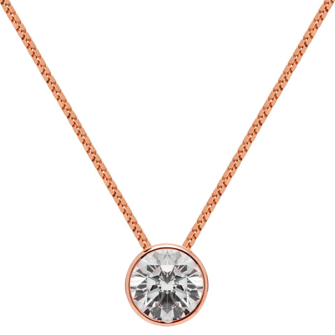 14K Solid Rose Gold Pendant Necklace | Bezel Set Round Cut Cubic Zirconia Solitaire | 1.5 Carat | 16 Inch 1.0mm Box Link Chain